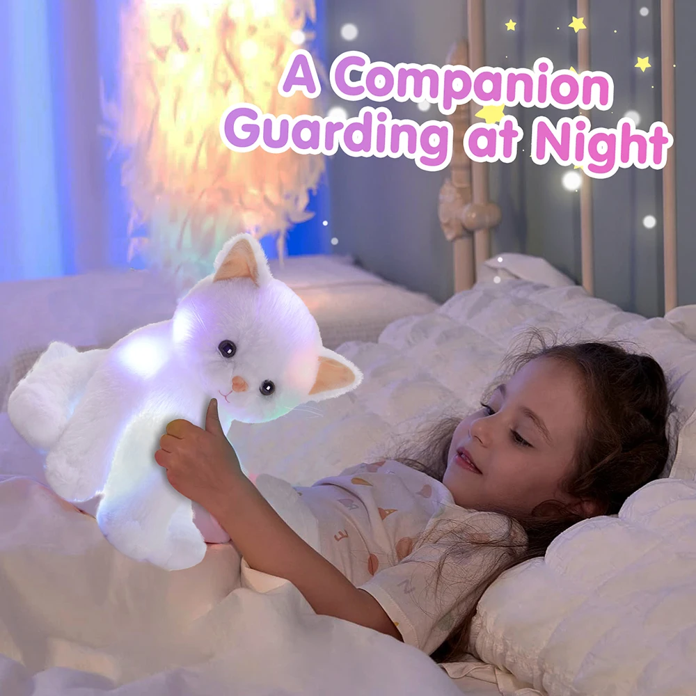 Juguete de peluche luminoso LED brillante para niñas, muñeco de gato Kawaii, almohada para dormir, canciones de cuna, gatito blanco, animales de