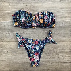 Fashion Women Sexy Bandeau Swimsuit Floral Print Breast Pad Swimwear Tie Bow Split Bikinis Swimming Bathing Suit Female Biquini