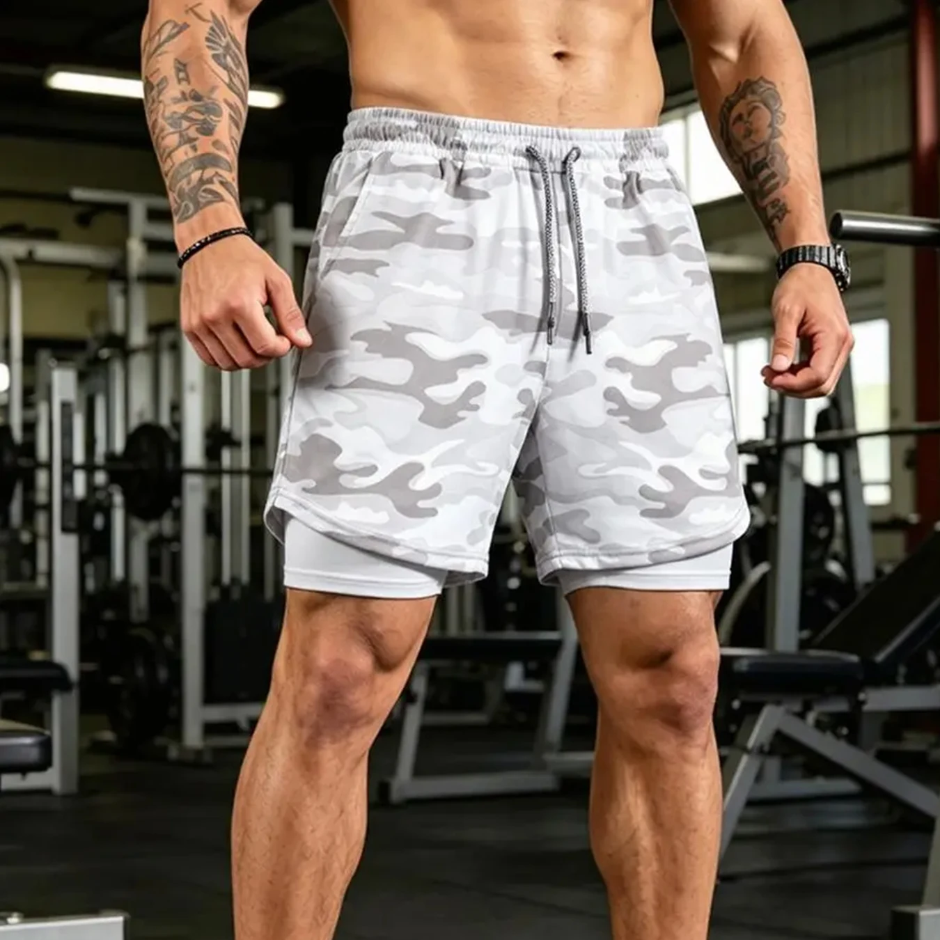 Summer Men 2 in 1 Camo Athletic Shorts Quick Dry Double Layer Gym Running Shorts with Phone Pocket Training Casual Shorts