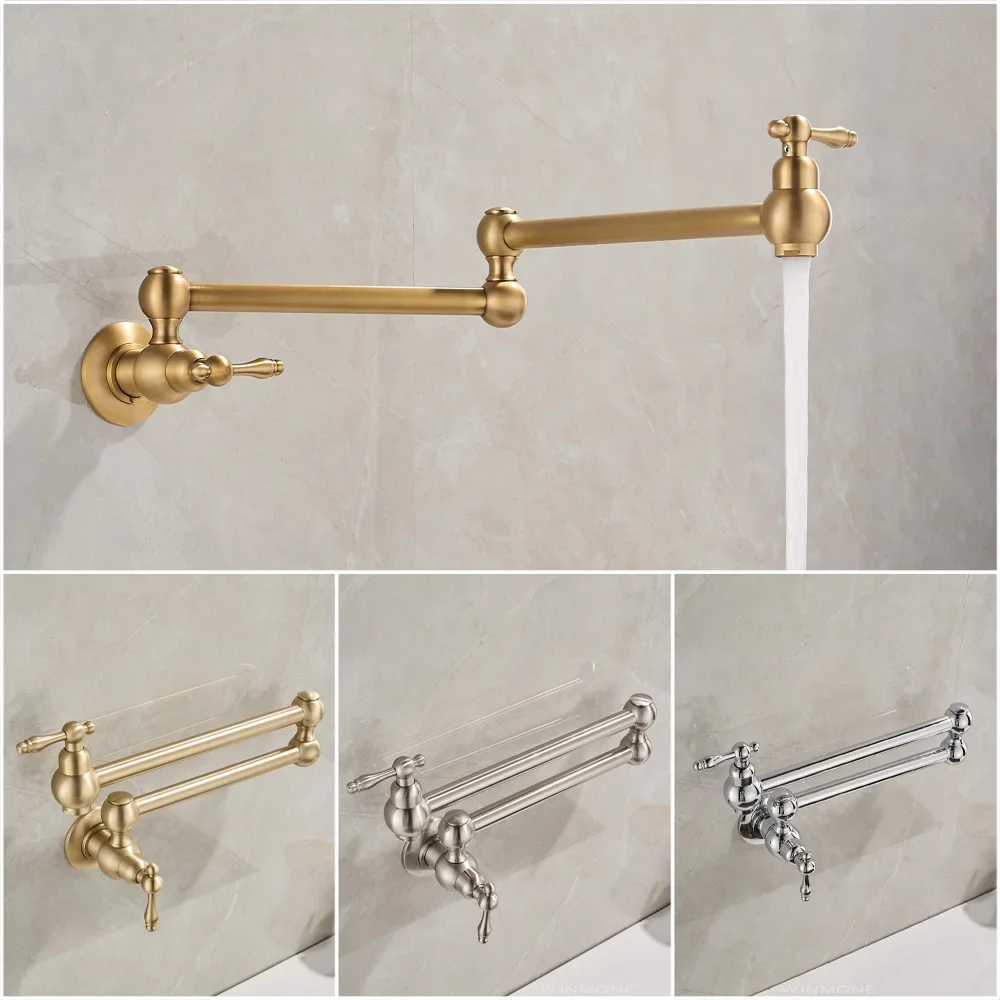 Luxury Solid Brass Wall Mounted Kitchen Faucet Single Cold Water Tap Vintage Gold Sink Faucet Extendable Swing Arm Pot Filler