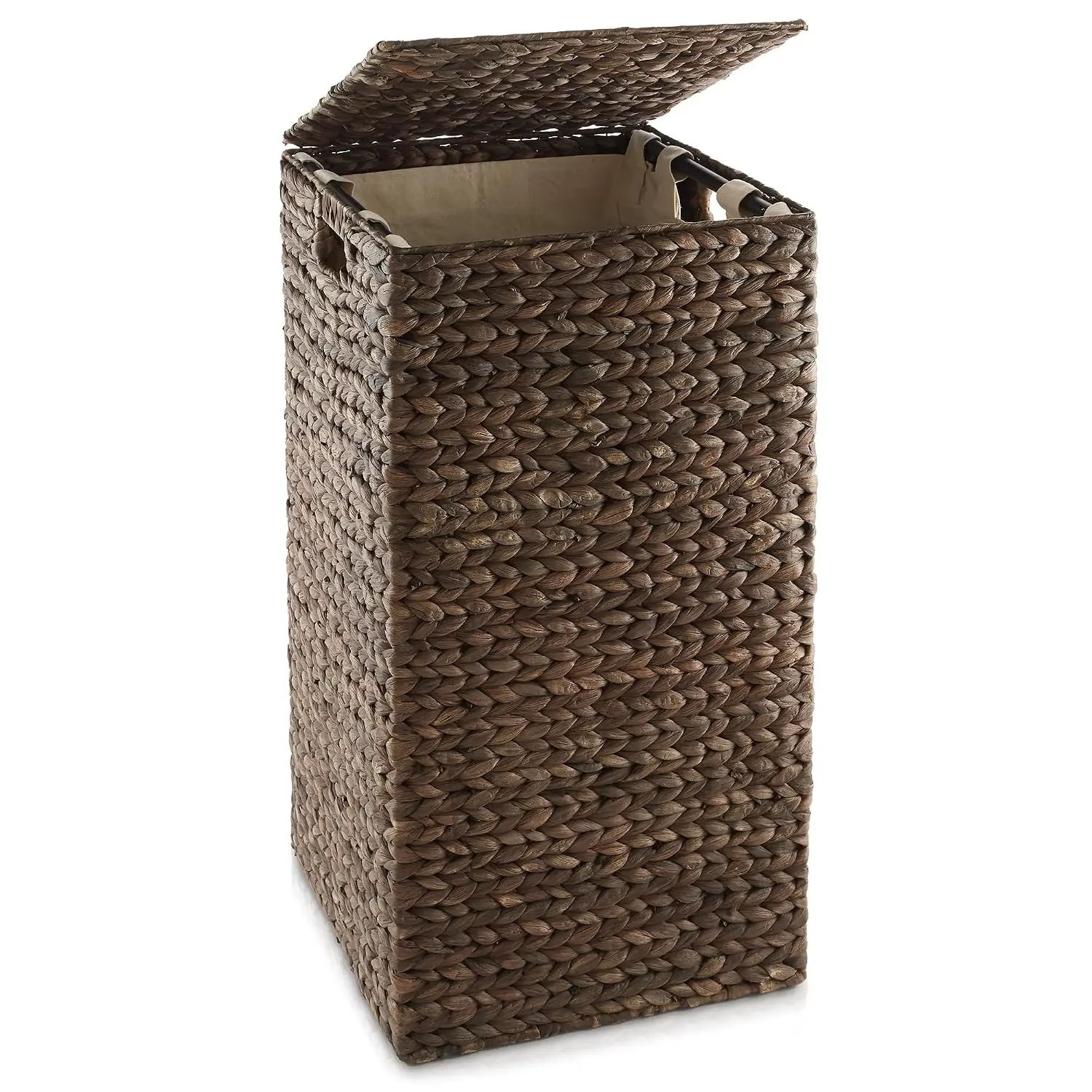 Laundry Hamper with Lid and Removable Liner Bag - Espresso Dark Brown, Woven Water Hyacinth Square Laundry Basket Sorter