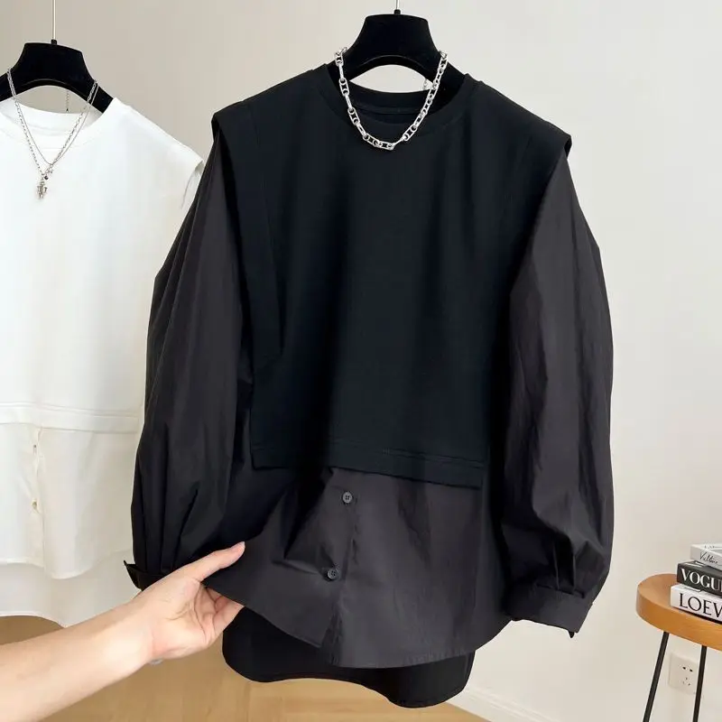 Extra Large Loose Casual Coat Splicing Fake Two Long Sleeved Shirts Blouses for Women Fashion 2024 Women Tops Plus Size Tops