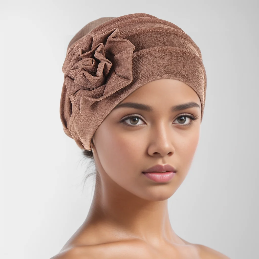 Modny marszczony damski hidżab jednokolorowy muzułmański damski turban Bonnet dekoracja kwiatowa Ramadan chusta na głowę szalik indyjskie czapki