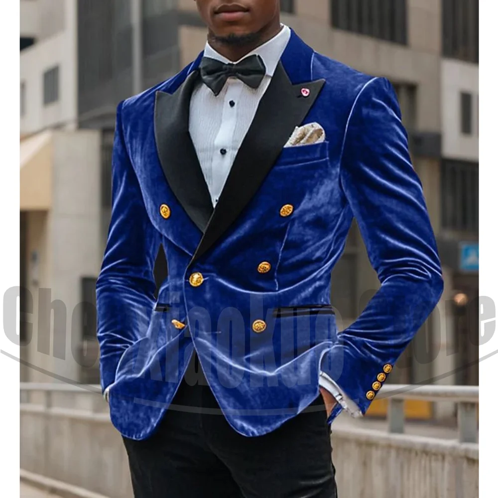 

Men's Royal Blue Velvet Double Breasted Suit Luxury Formal Wear with Contrast Lapel Chic Wedding Party Prom Tuxedos 2 Piece