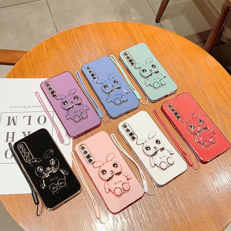 Phone Case For Oppo Reno 3 Pro 5G Find X2 Neo Luxury Plating Square Rabbit Holder With Landyard Case Cover