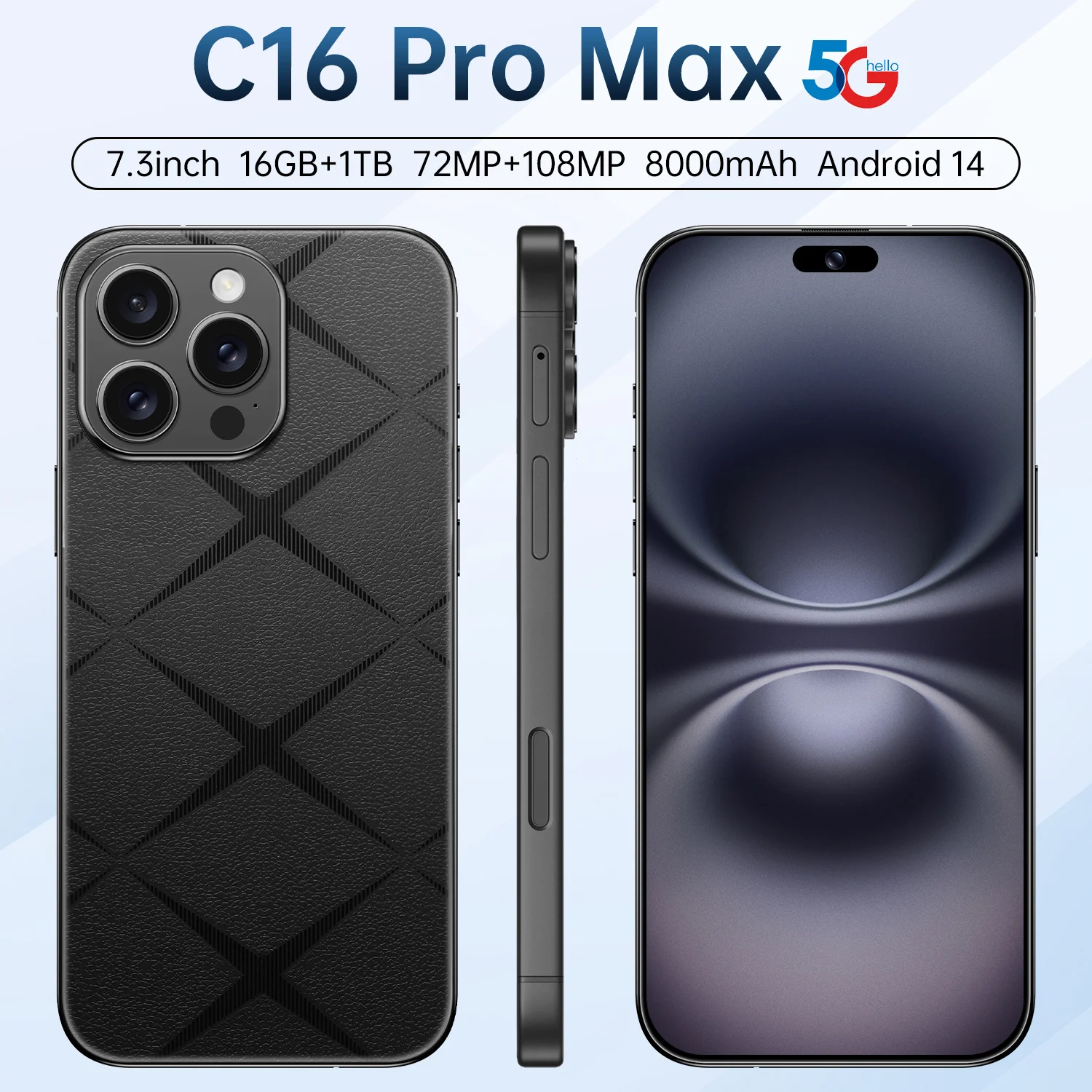 C16 Pro Max Android Smart Original Phone 7.3 Inch Screen Dual Standby 5G 108MP Camera 8000mAh Global Version Unlocked Phone