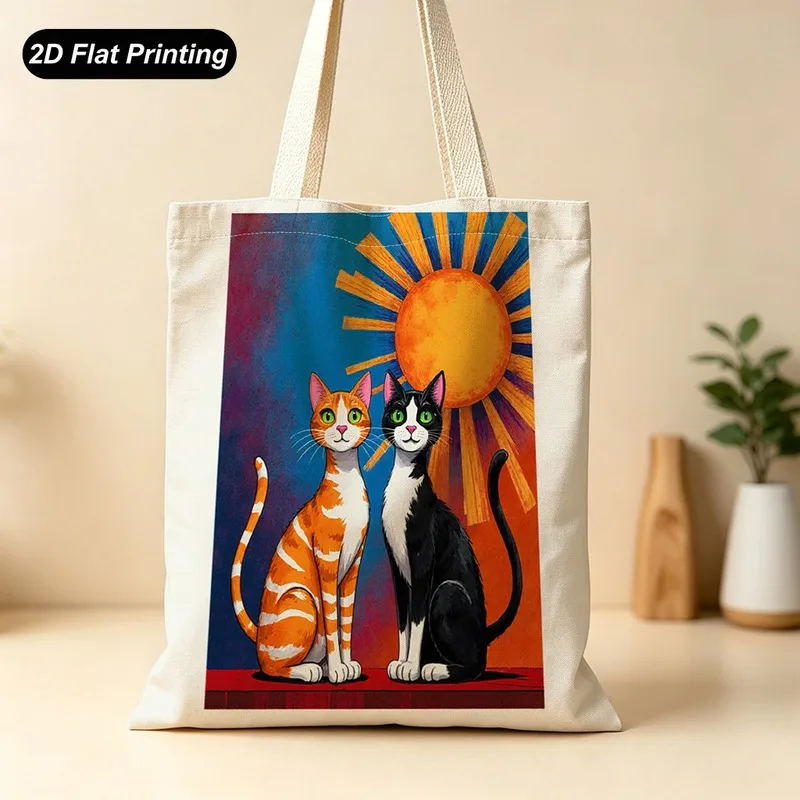 1PC【Tote Bag】New large-capacity tote bag，Cartoon double cats facing pattern2DFlat effect，Suitable shopping/Shopping/