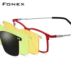 FONEX Pure Titanium Glasses Men Square Eyewear Magnet Clip Flip-up Eyeglasses Frames with Night Vision & Polarized 3D Lens 85796
