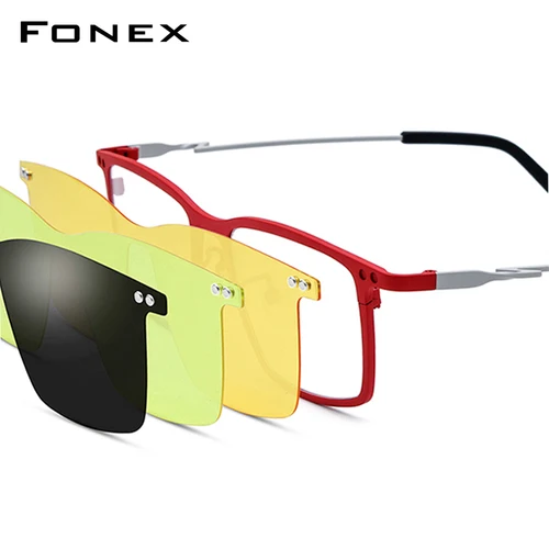 Gafas FONEX de titanio puro para hombre, gafas cuadradas con Clip magnético, monturas de gafas abatibles con visión nocturna y lentes polarizadas 3D 85796