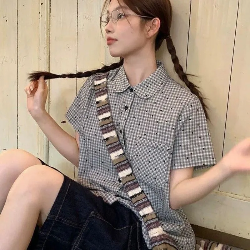 Apan Fashion Retro Loose Short Sleeve Shirts Women Summer Kawaii Streetwear Shirt Ins Preppy Style Casual Design Sense Tops 2026 view 4