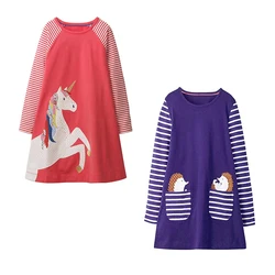 Jumping Meters 4-8T Children's School Dresses With Pockets Animals Embroidery Long Sleeve Autumn Kids Preppy Style Dress