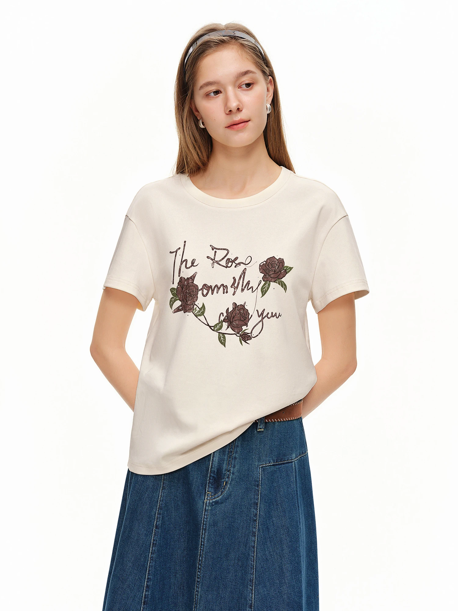 DUSHU 2026 Summer Women Rose Rhinestone Short Sleeve T-shirt Bling Embellished Crew Neck Top Casual Office Versatile Daily Style