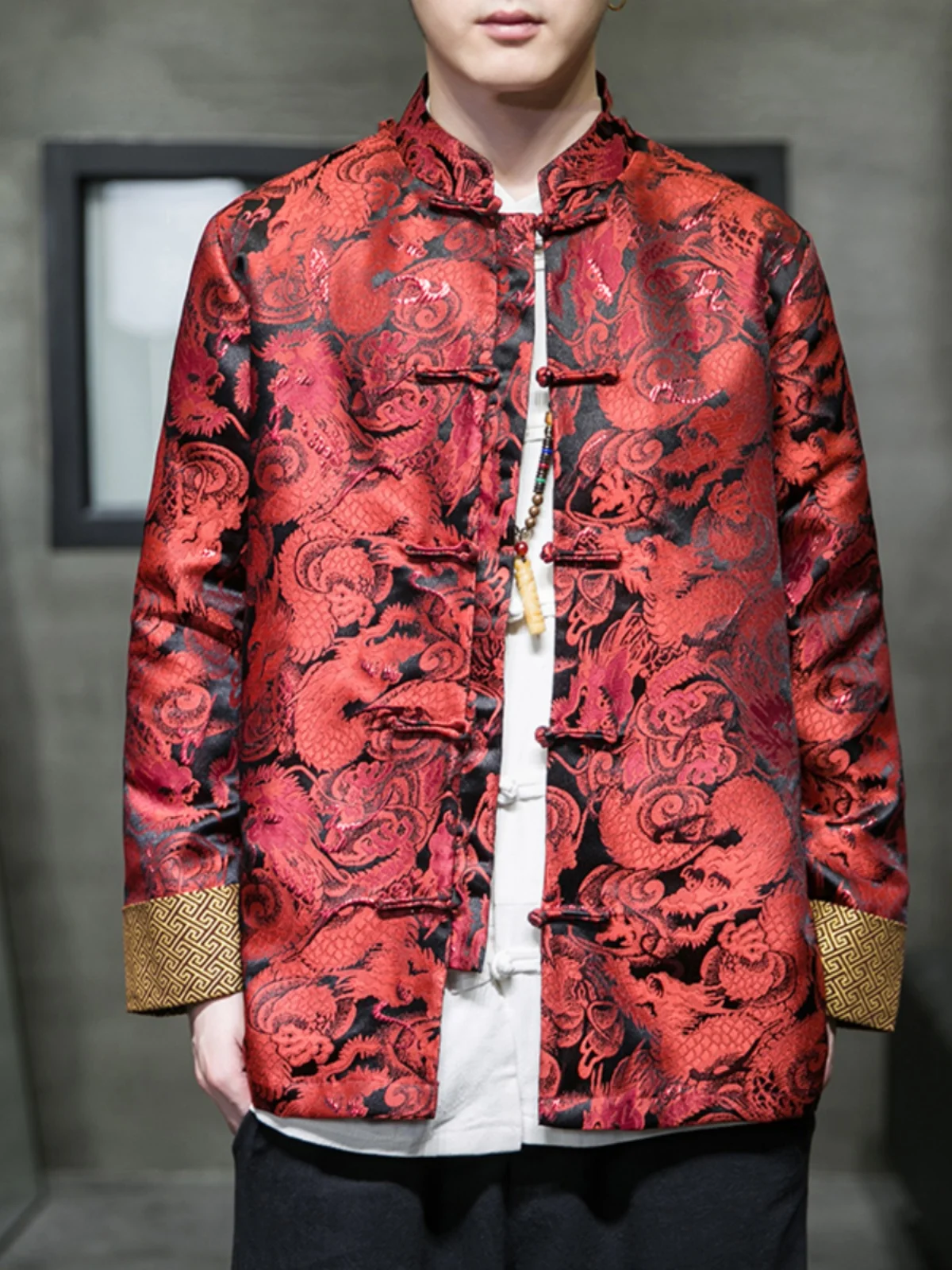 Herbst Winter Lose Beiläufige männer Hanfu Jaet Drachen Muster Stickerei Retro Taste Dekoration Chinesische Sle Oberbekleidung