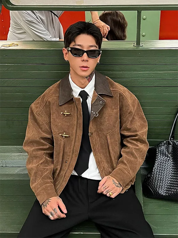 

Men's Suede Flight Jaet Brown Snaps oulder Patchwork Collar Spring Autumn Casual Loose Fit Youthful Sle Zipper Closure