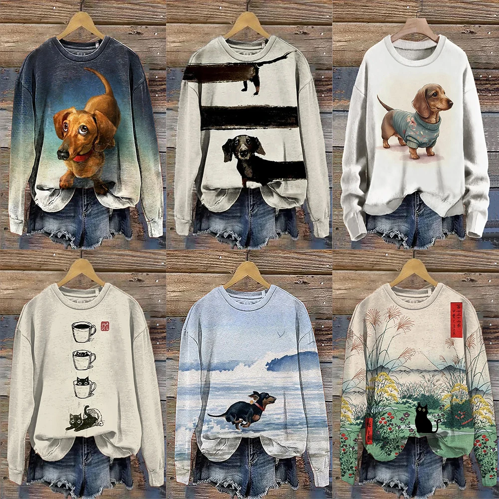 

Women's Cute Dog Spring and Autumn Printed Sweatshirts Oversized Loose Couple Fashion Comfortable Long Sleeve Teen Unisex Tops