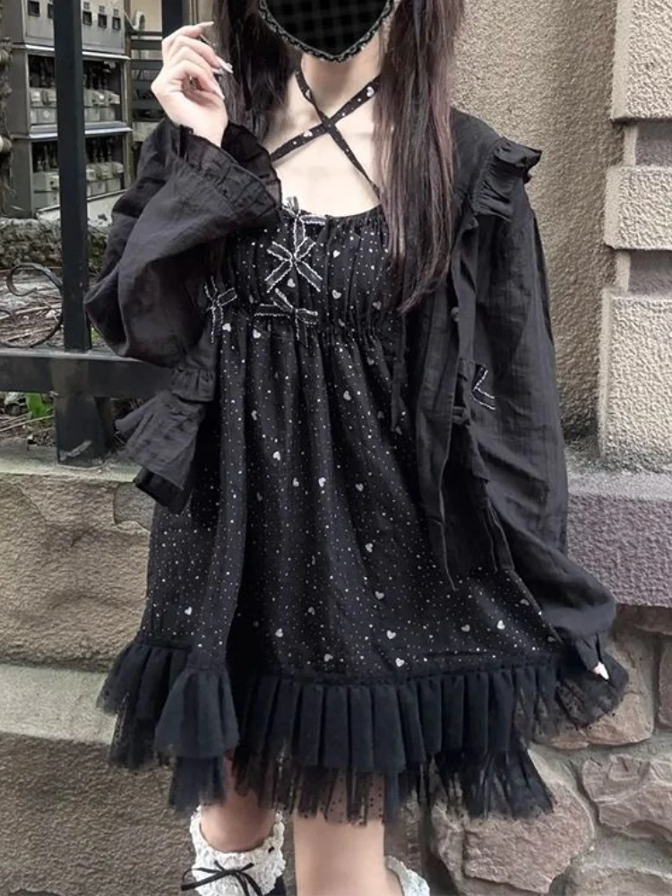 

Японский милый кружевной комплект платья-бретельки для женщин Y2k Короткий кардиган + свободное платье Kawaii Костюм Милый комплект из двух предметов для женщин 2025 Новый