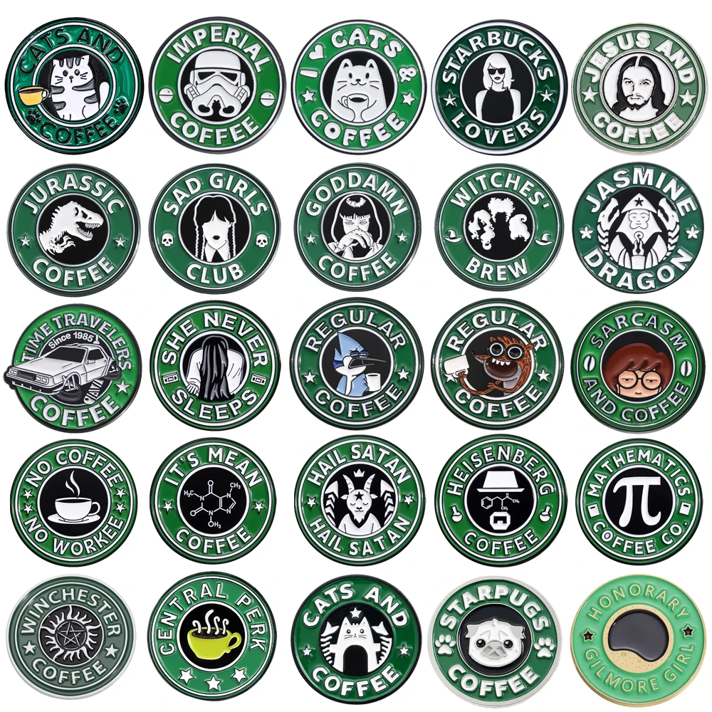 Creative Green Round Coffee Brooch Cat Robot Jesus Dinosaur Witch Car Coffee Chemical Elements Cartoon Badge Punk Pins Jewelry