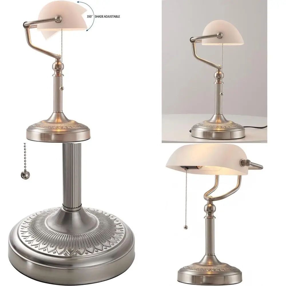 

White Matted Glass Desk Lamp with Pull Chain Switch and Sand Nickel Base