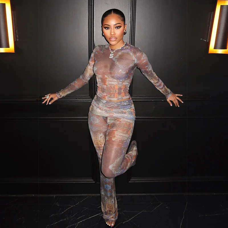 

Women See Through Colorful Print 2-Piece Set Crop Tops+Lapel Pants Matching Stretch Skinny Midnight Clubwear Outfits