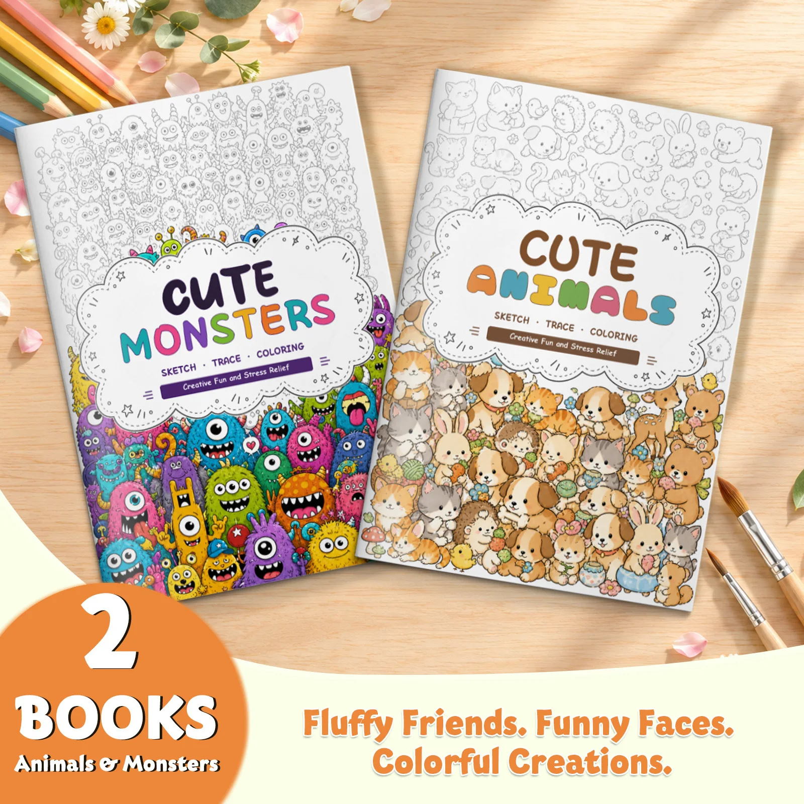 Cute Animals & Monsters Coloring Notebooks, Adorable Pets, Funny Creatures, Sketching, Tracing and Coloring Activities, Creative
