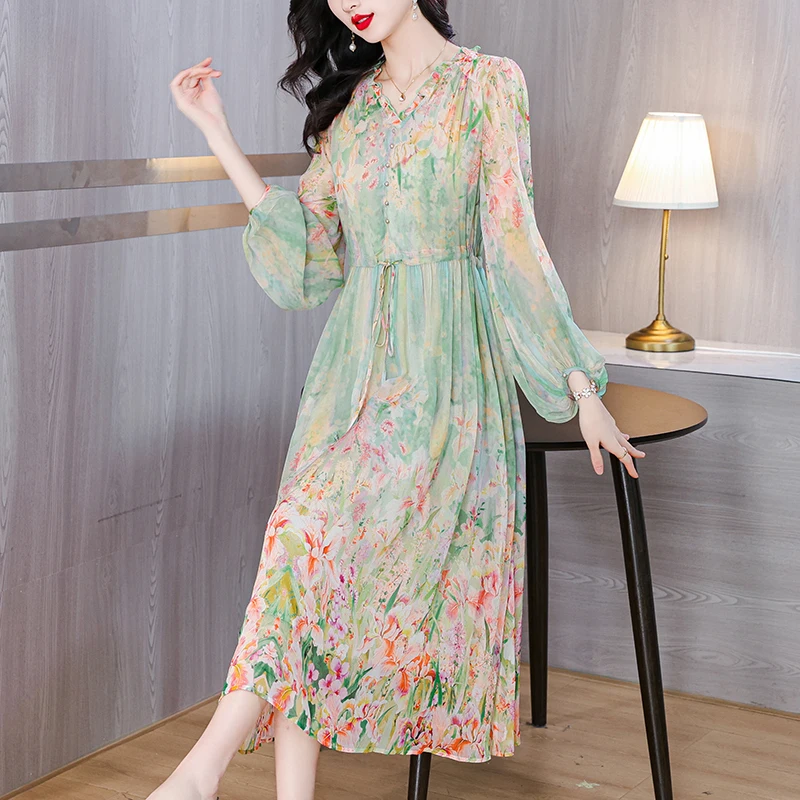 Silk Dress 2024 New Gentle and Sweet Aging Reducing Mulberry Silk Flower Print Exquisite Romantic French Fragmented Flower Dress