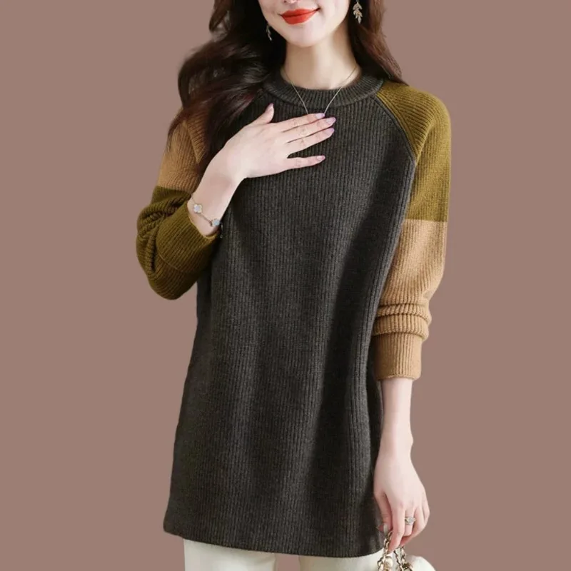

Autumn Winter Unlabeled Knitted Sweater Women's Fashion Color Block Mid-Length Pullovers