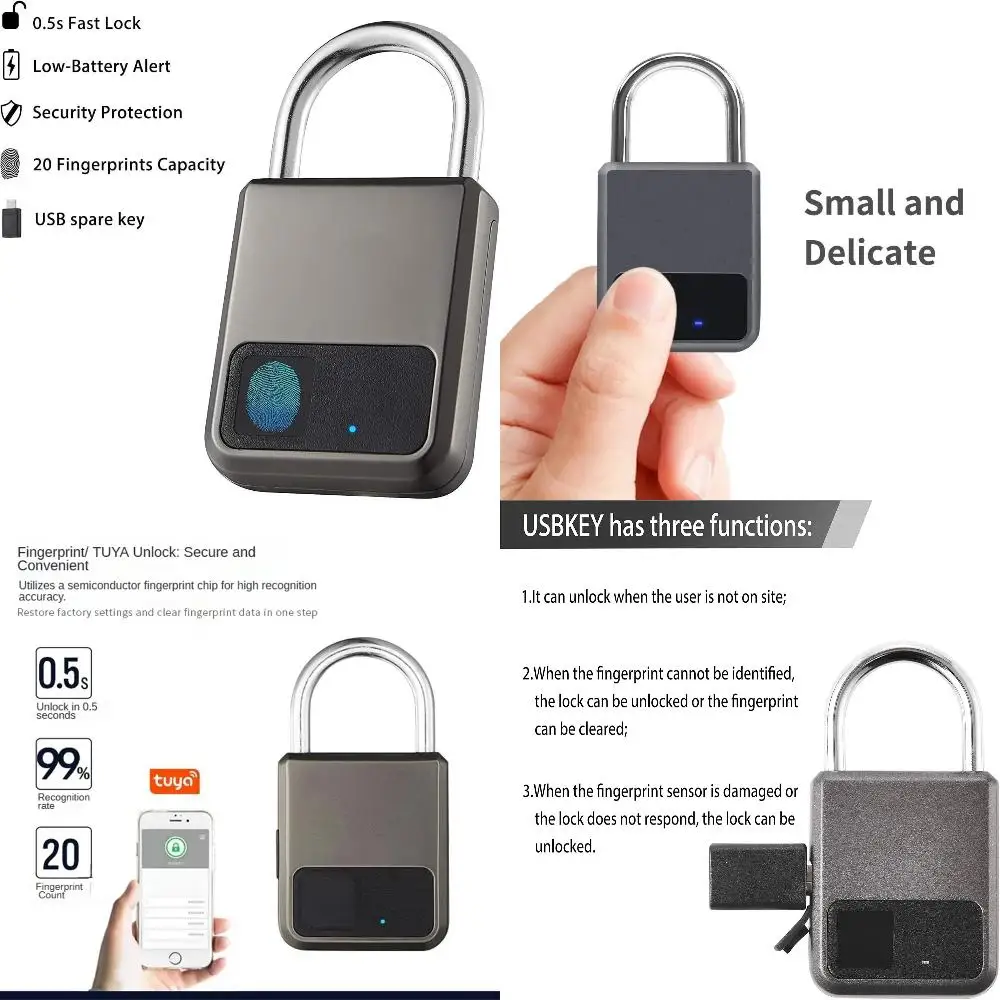 

Smart Portable Fingerprints APP Pad Lock With USB Key Support Emergency 1year Use after One Time Charge Rfid lock circuit Esp