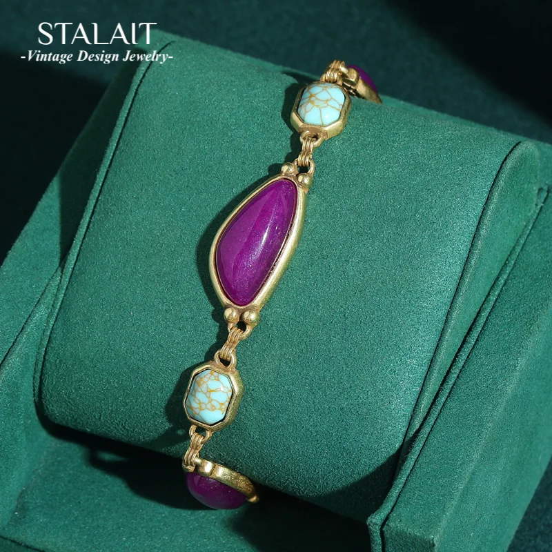 

Vintage Charm Purple Agate Turquoise Bracelet Triangle For Women Natural Antique Gold Color Agate Accessories Gift 2025 New