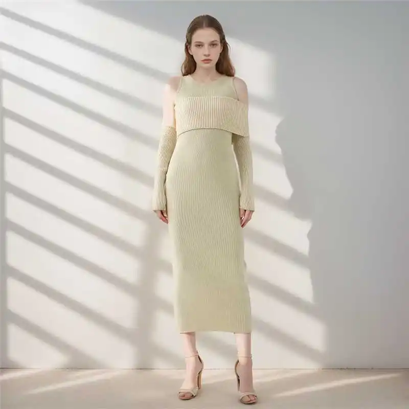 

Elegant Hit Color Knitting Dress For Women Round Neck Long Sleeve Off Shoulder High Waist Slimming Dresses Female Fashion