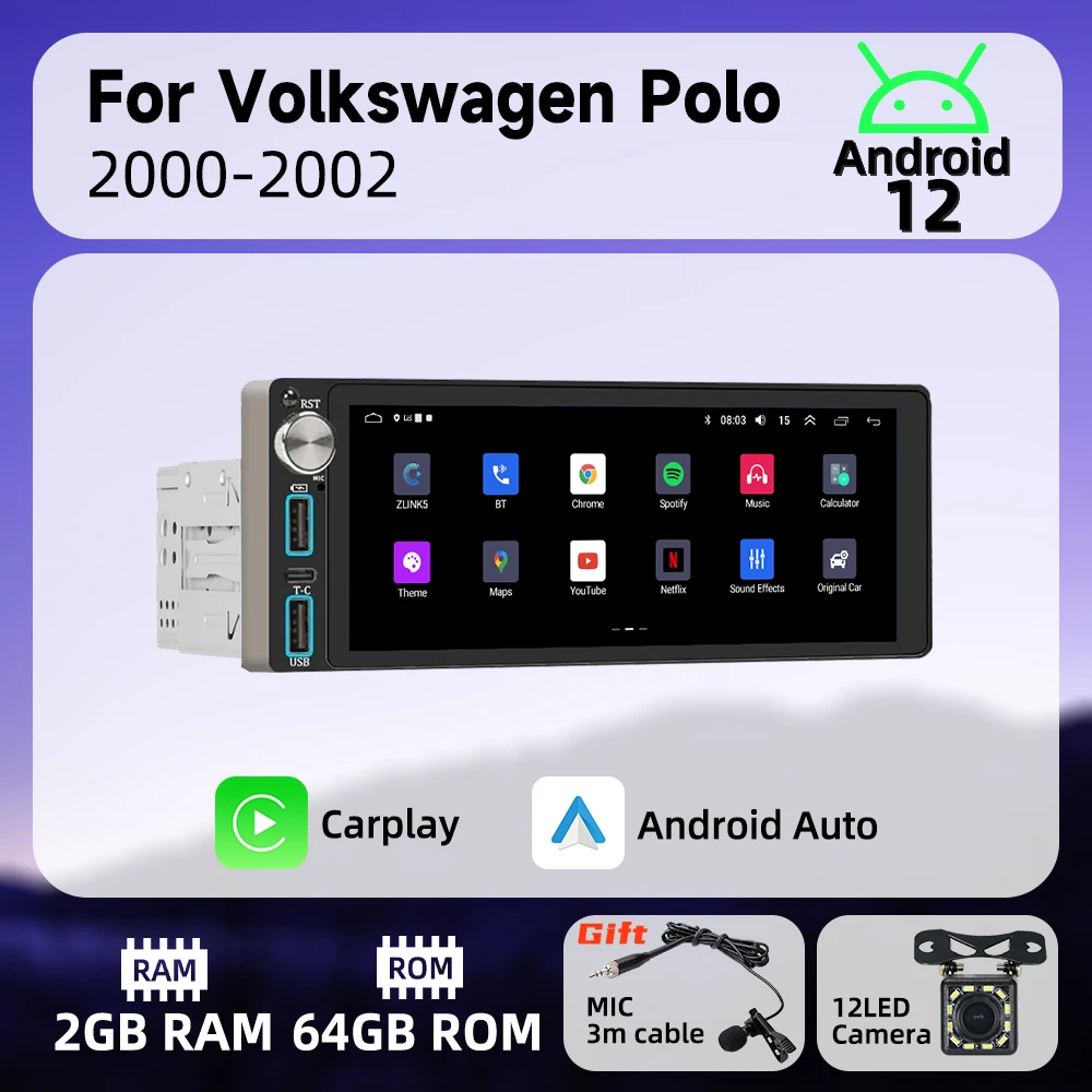 

6,86 "экран Carplay 1 Din радио Android автомобильный мультимедиа для VW Volkswagen Polo 2000-2002 стерео головное устройство GPS BT WIFI авторадио
