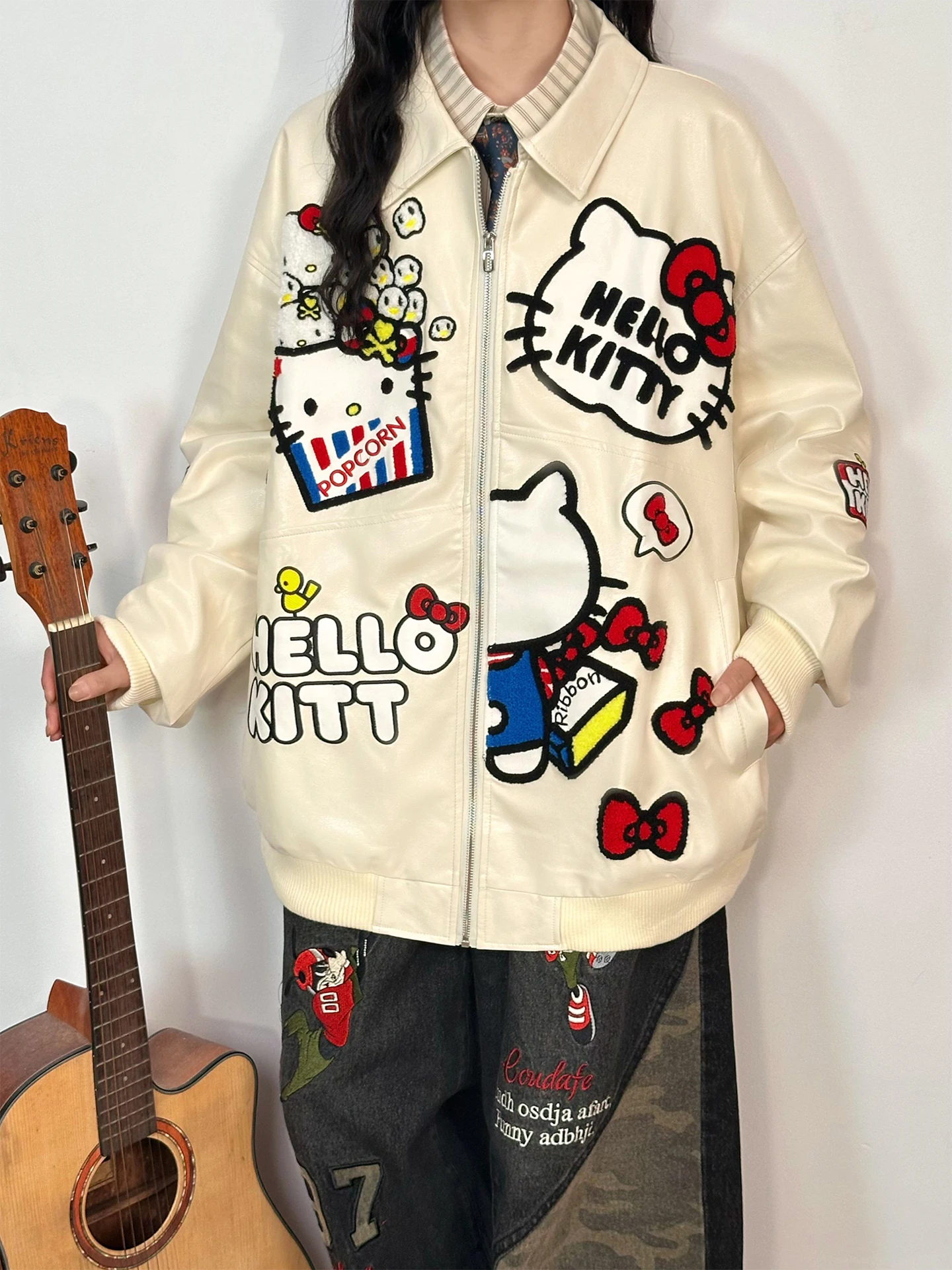 オリジナルアメリカン Sle 漫画刺繍 PU レザー Jaet 女性ルーズカレッジ Sle トップトレンディなブランドストリートウェアアウターウェア