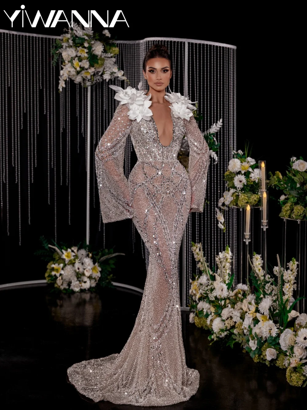 

Gorgeous 3D Floral Crystal Wedding Dress Sparkling Beaded Mermaid Bridal Gown Customized Floor-length Backless Dresses For Bride