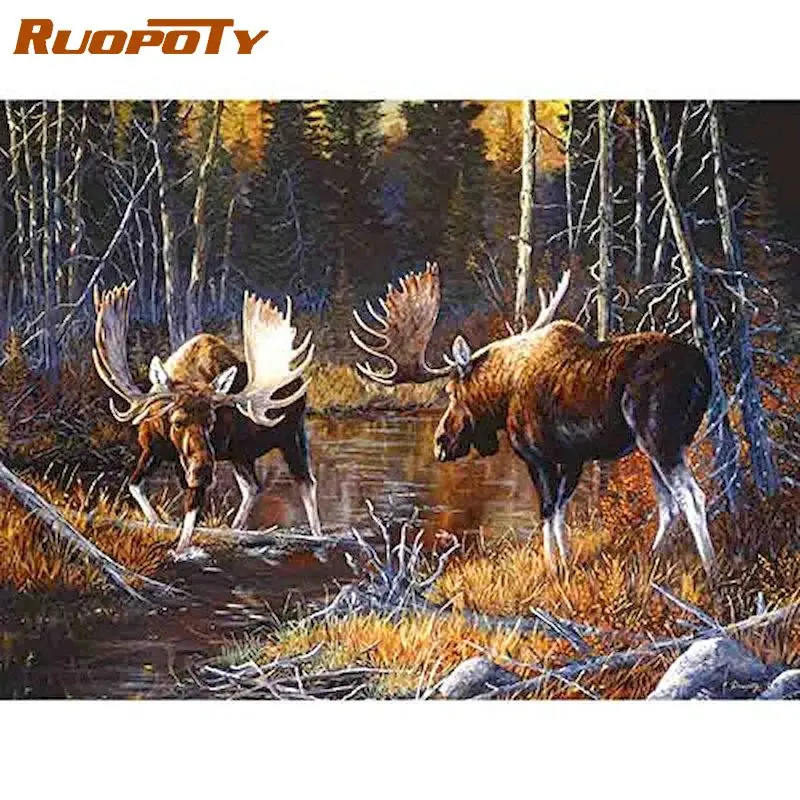 

RUOPOTY Painting By Number Deer Animals Drawing On Canvas HandPainted Art Gift DIY Pictures By Number Kits Home Decoration