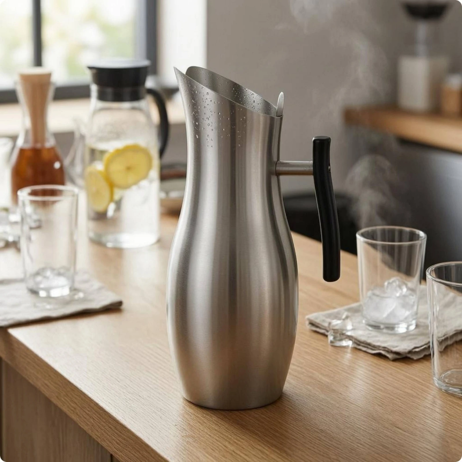 

Stainless Steel Water Pitcher Tall Side Handle Pitcher Pouring Jug Single-Piece Drinkware Large Capacity