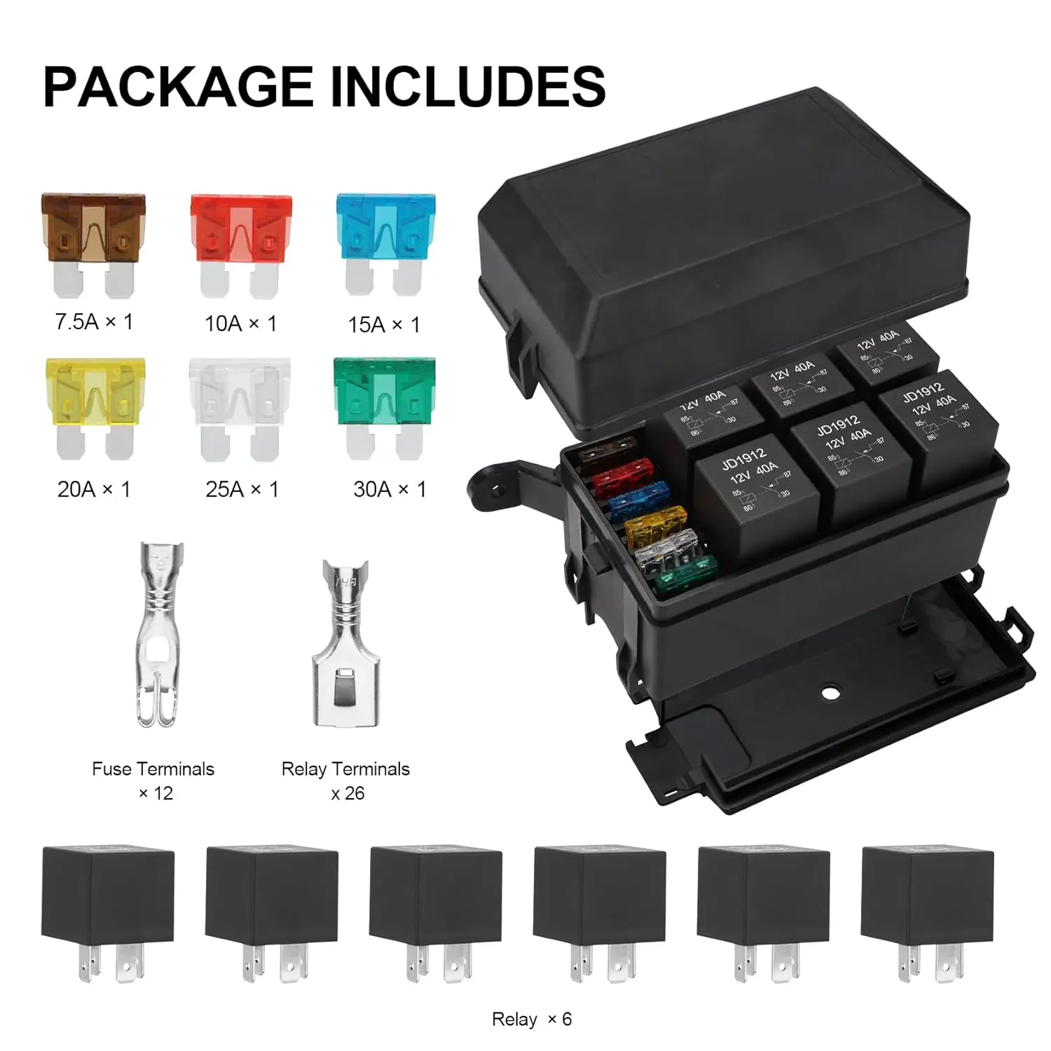 6 Way 12V Fuse Relay Box with 6 Relays and 6 ATC/ATO Blade Fuses, 4-Pin Relay Box Block Kit, for Cars Truck Marine Boat Jeep
