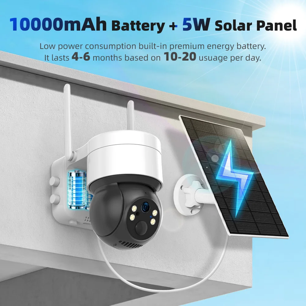 Tuya Smart Life APP 3MP WiFi Battery Solar Auto Motion Tracking PIR Surveillance Security Outdoor PTZ Color Night Vision Camera
