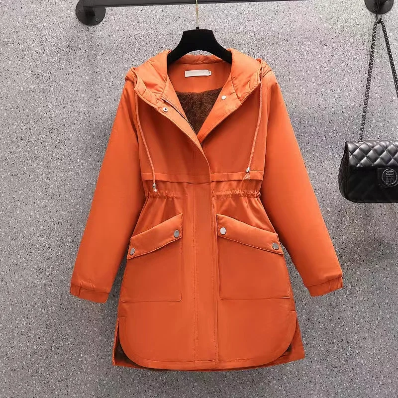 Women Parkas Cotton Coat Mid-Long Casual Hooded Jacket Loose Add Velvet Drawstring Zipper Warm Winter Coat Overcoat Female Parka