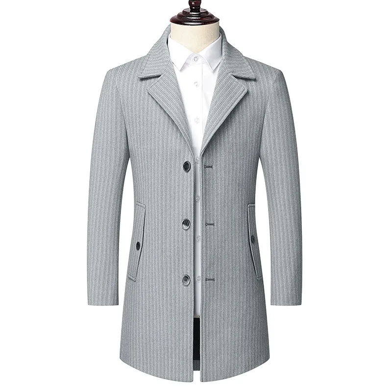 

2023 High Quality Fashion Trend All-in-one Men's Winter Suit Collar Mid-length Tweed Coat Business Casual Striped Tweed Coat