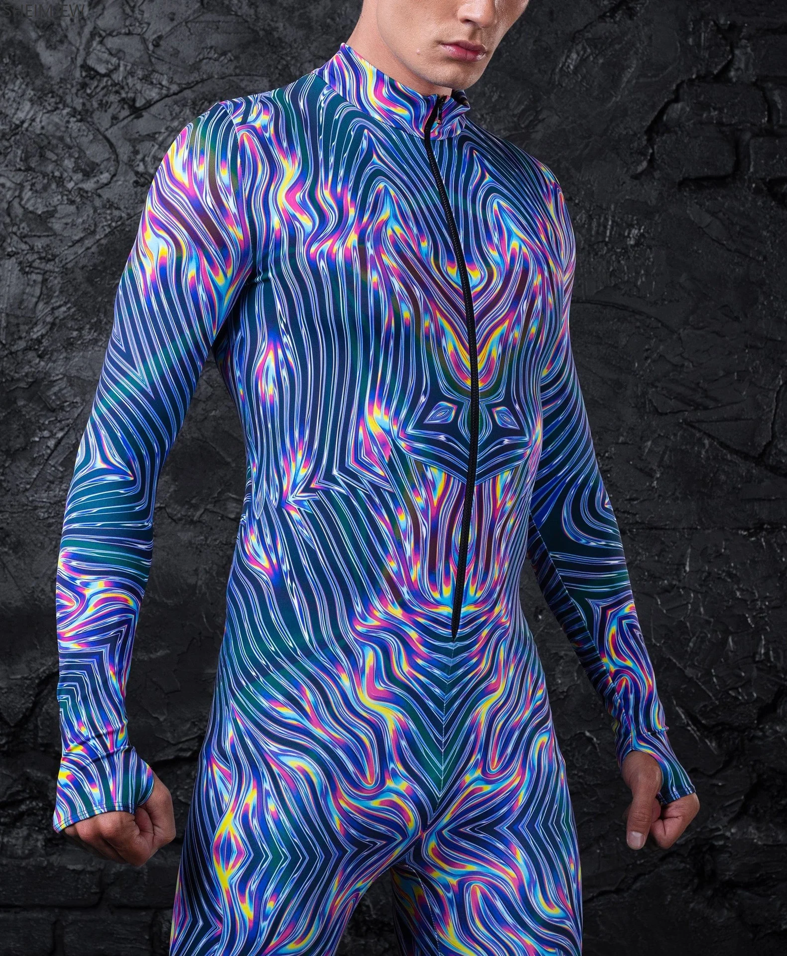 Halloween Punk Colorful Print Jumpsuit Men Sexy Art Aesthetic Bodysuit Cyber Line Print Zentai Suit Holiday Catsuit Rave Outfits