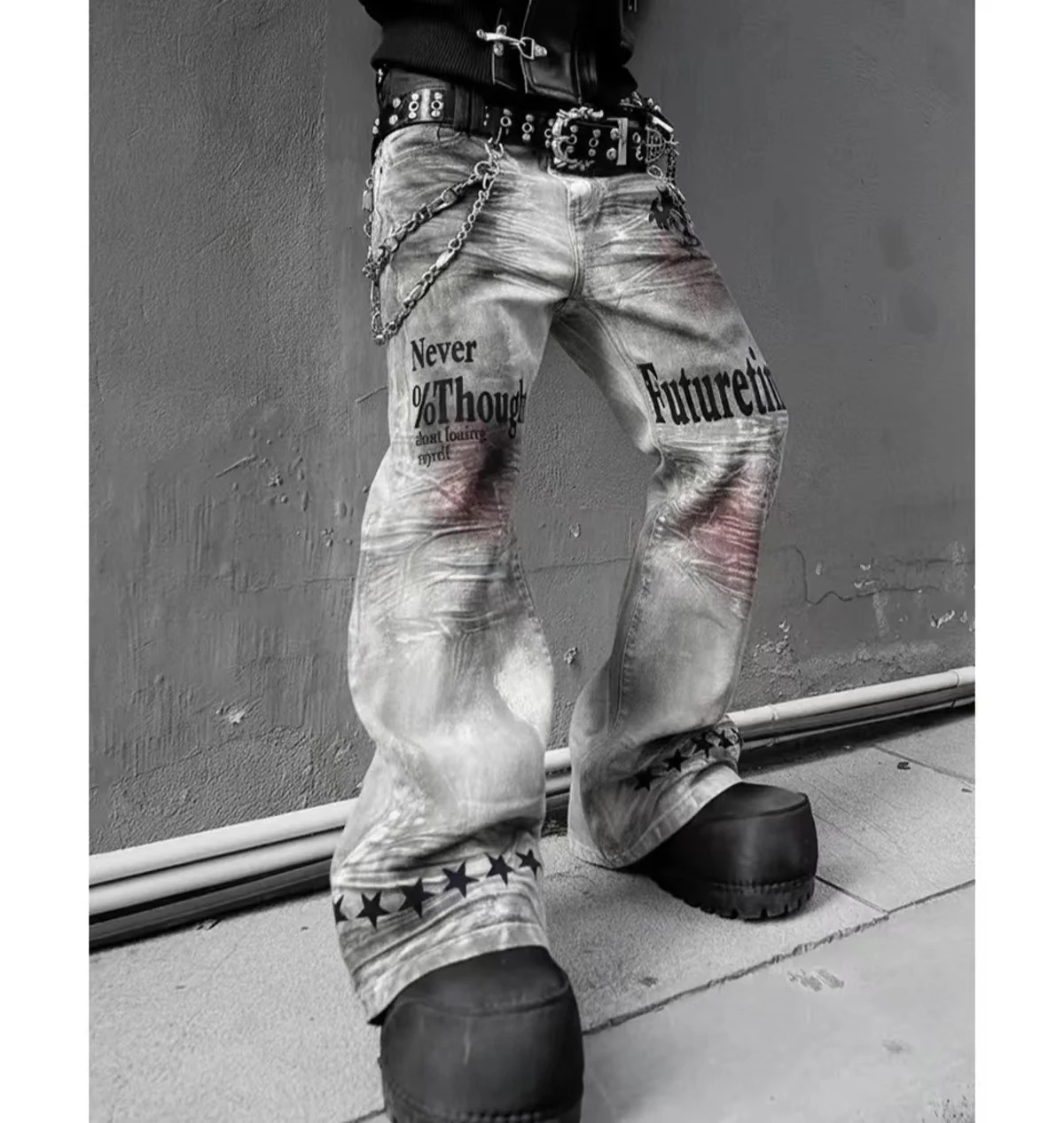 American Retro Tie-Dye Men's High-Waisted Bell-Bottom Pants Slim Ripped New Autumn And Winter Washed Casual Punk Trousers