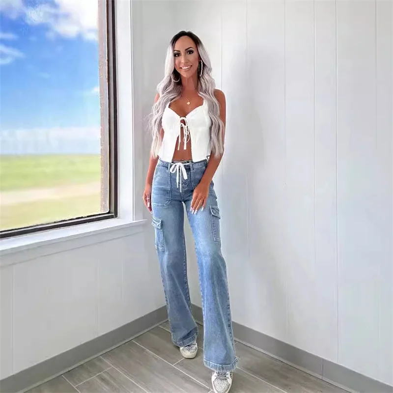 

Women Fashion Vintage Lace up Cargo Jeans New Multi Pocket Design Straight Denim Pants Commuter Casual Loose Trousers Streetwear