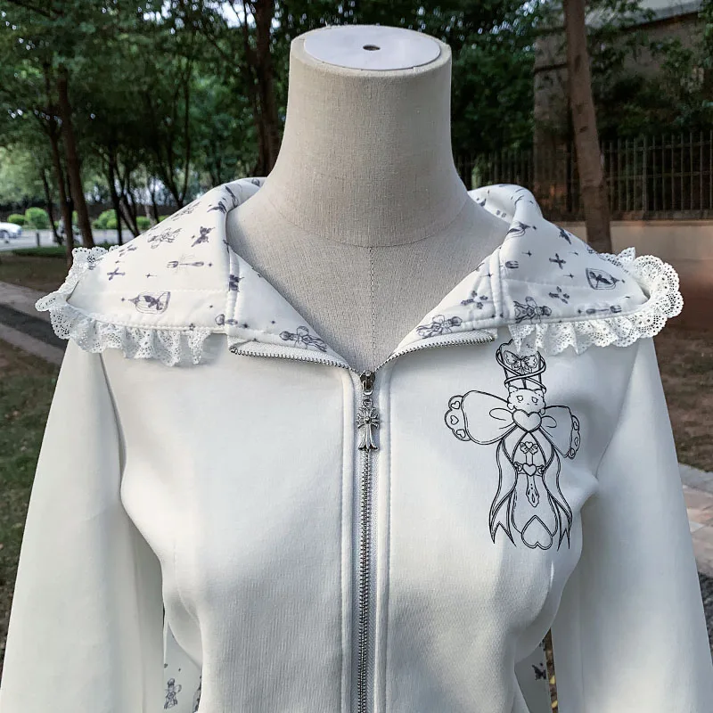 التصميم الياباني الأبيض الحلو الدانتيل الربط المرأة طويلة الأكمام مقنعين البلوز الخريف جديد لطيف الحد من العمر تنورة مجموعة السيدات