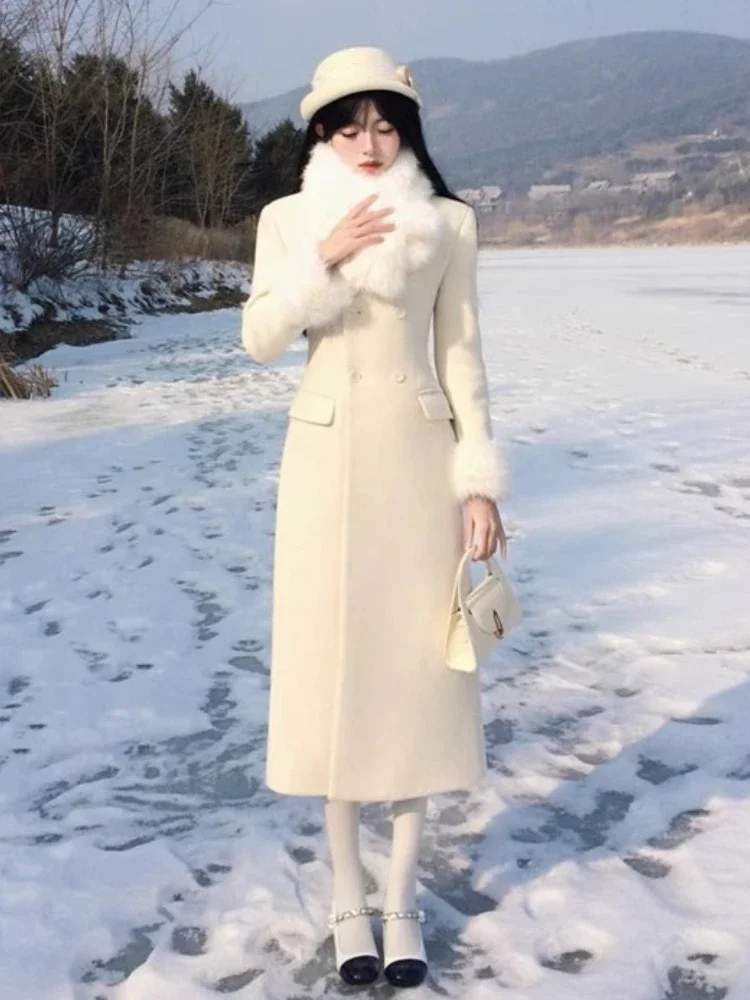 Fashion Y2K Socialite High-end Woolen Coat Women's White Winter New Mid-length Silhouette Tight Waist Thickened Over-the-knee