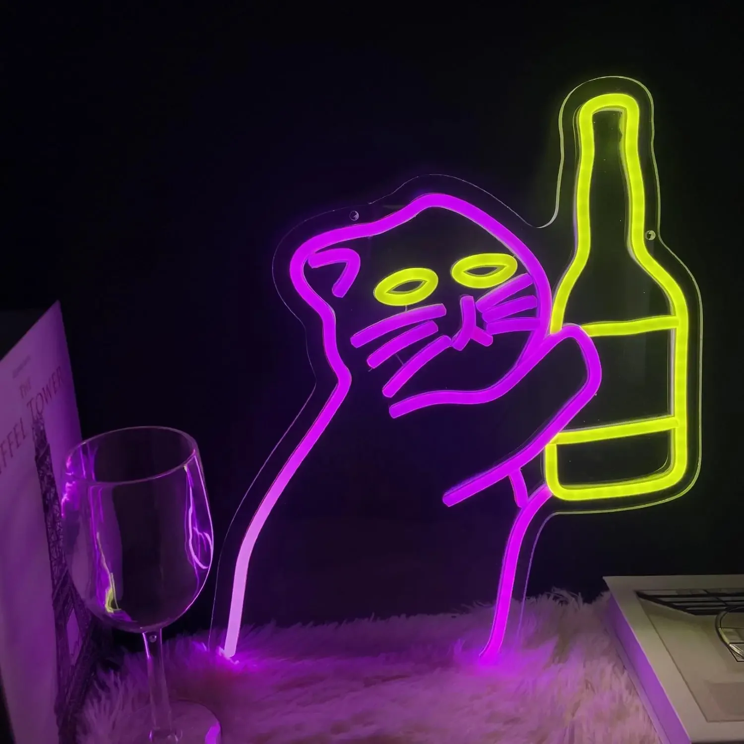 Funny Cat Holding Bottle Neon Sign Purple Yellow LED Wall Art USB Powered Bar Cart Decor Pub Party Animal Lover Novelty Gift