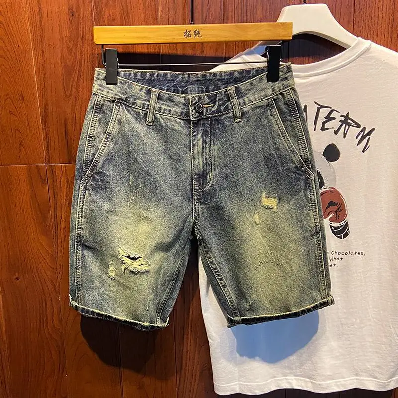 

Vintage Washed Denim Shorts for Men Casual Summer Knee Length Jeans with Ripped Holes Korean Luxury Clothing Cowboy Short Pants