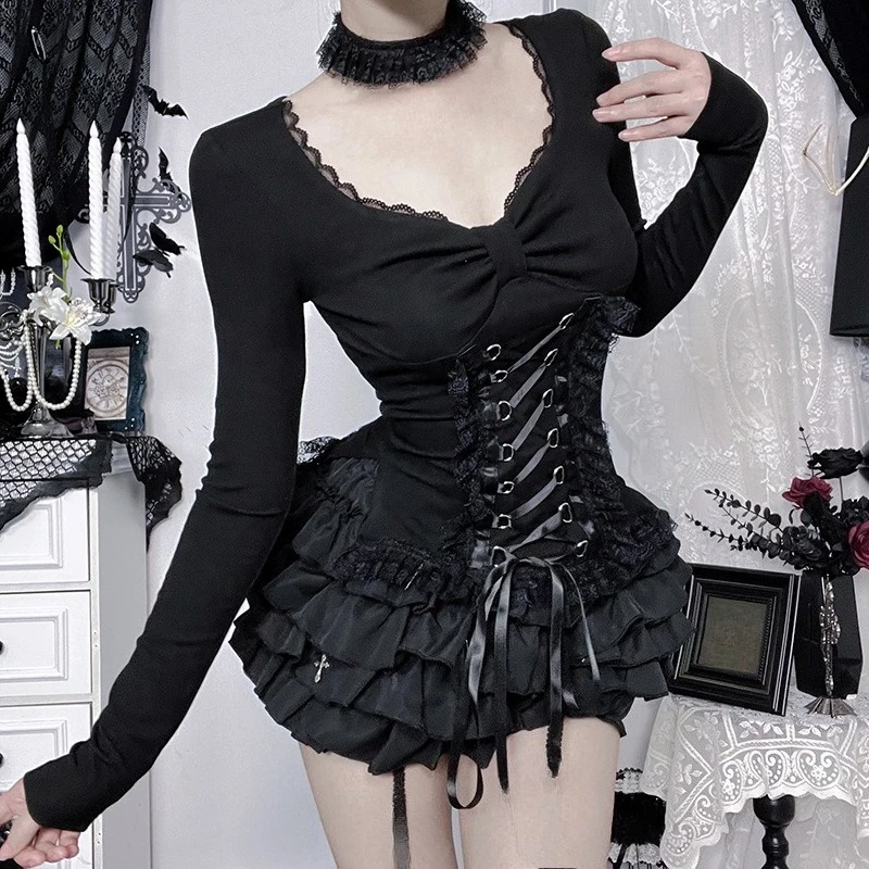 

Y2k Aesthetic Lace Patchwork Sexy Bow Tops 2025 Streetwear Bandage Bodycon Vintage Tshirts Women Grunge Harajuku Split T-shirt