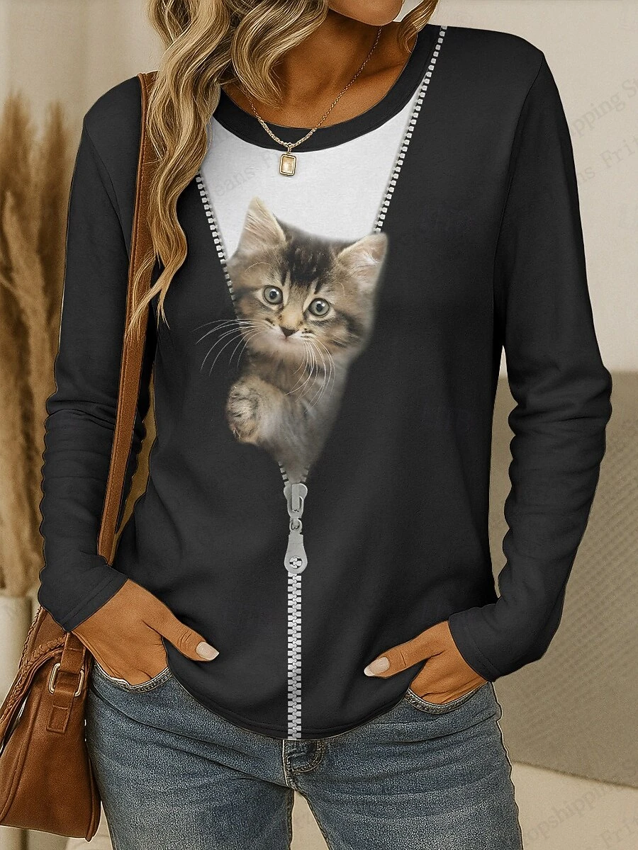 2026 موضة جديدة مضحك هول القط ثلاثية الأبعاد تي شيرت مطبوع للنساء عادية المتضخم Harajaku كم طويل التي شيرت المرأة بلايز تيز الشارع #3