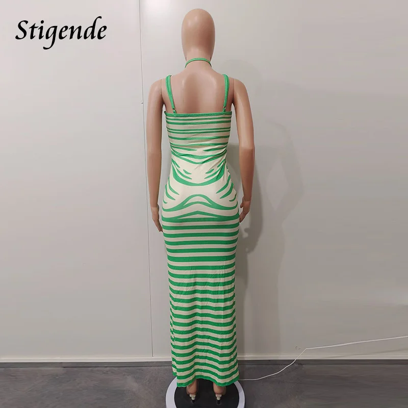 Stigende Summer Spaghetti Strap Long Ribbed Dress Women Zebra Pattern Backless Cami Dress