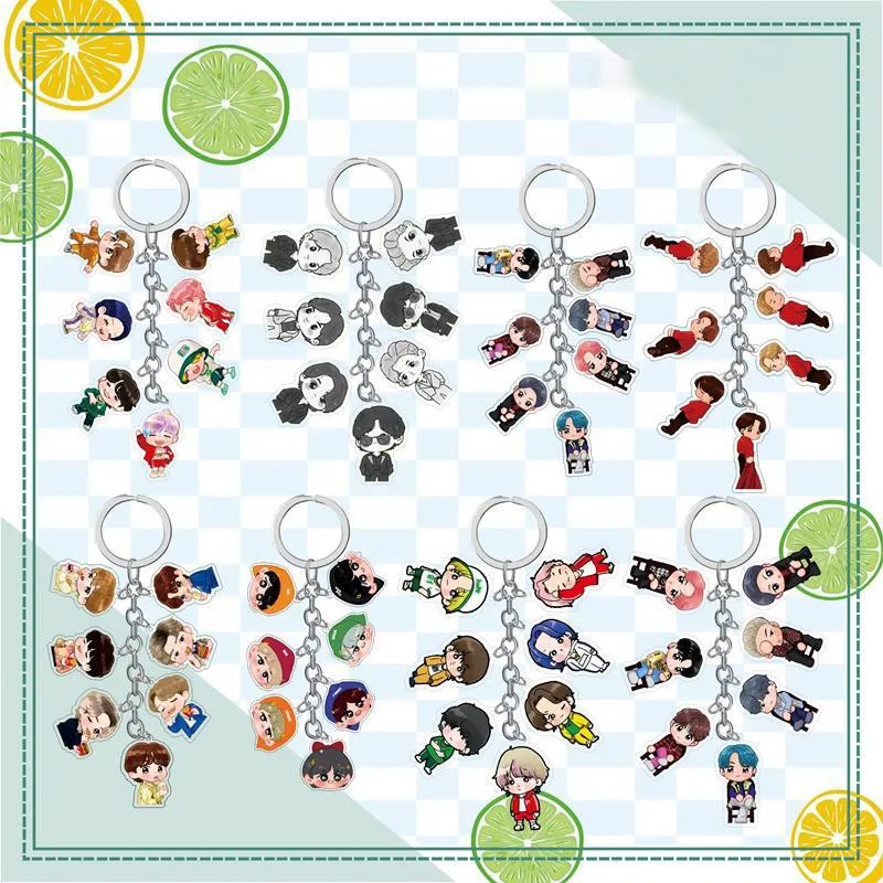 KPOP JIN SUGA Cartoon Long Chain Pendant JIMIN V JUNG KOOK Cute 12CM Two-side Printed Acrylic Keychain Bag Accessories Fans Gift