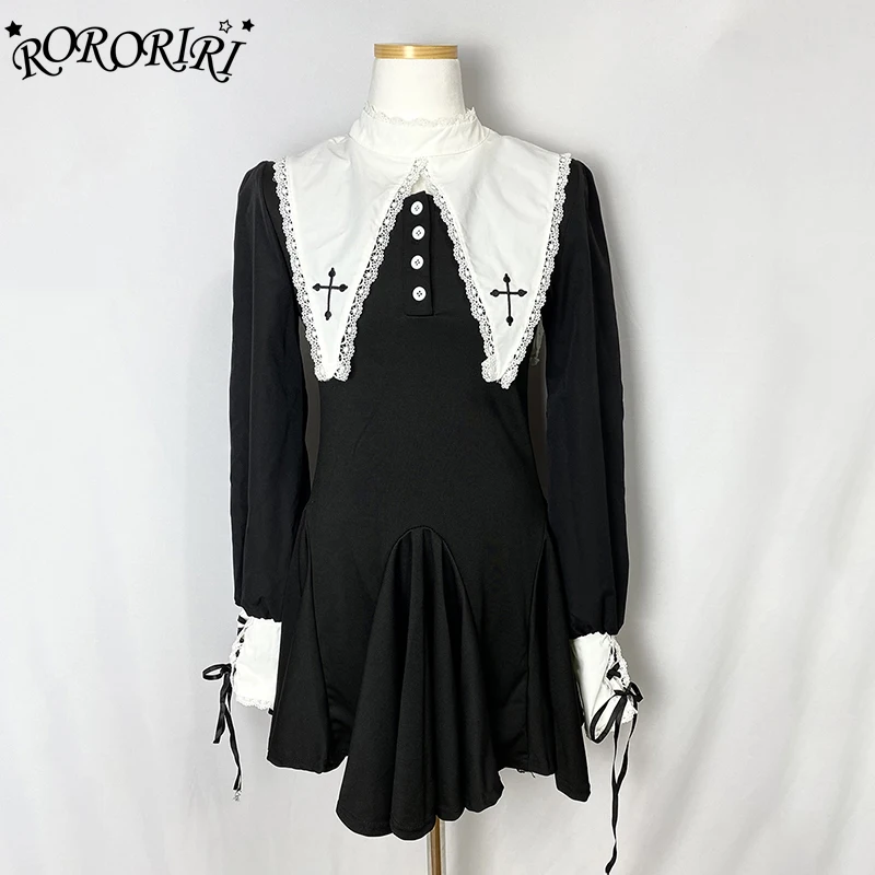 RORORIRI Women Irregular Ruffle Mini Black Dress Lace-up Ribbon Puff Sleeves Cross Lace Trim One-piece Gothic Vintage Clothes